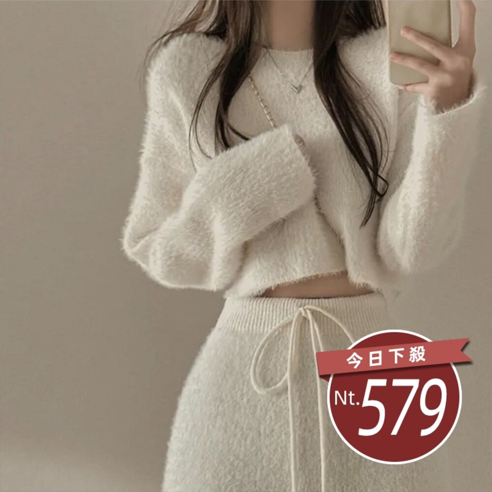 29824169657-【台灣發貨】韓版氣質顯瘦短版針織毛衣+針織半身裙 連身裙 吊帶裙 吊帶褲 女裝【S346】