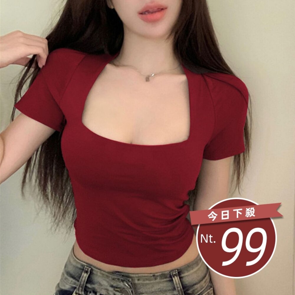 29830883832-【台灣發貨】韓版方領修身顯瘦短袖上衣 衣服 女裝 t恤 短袖t恤 上衣【T624】