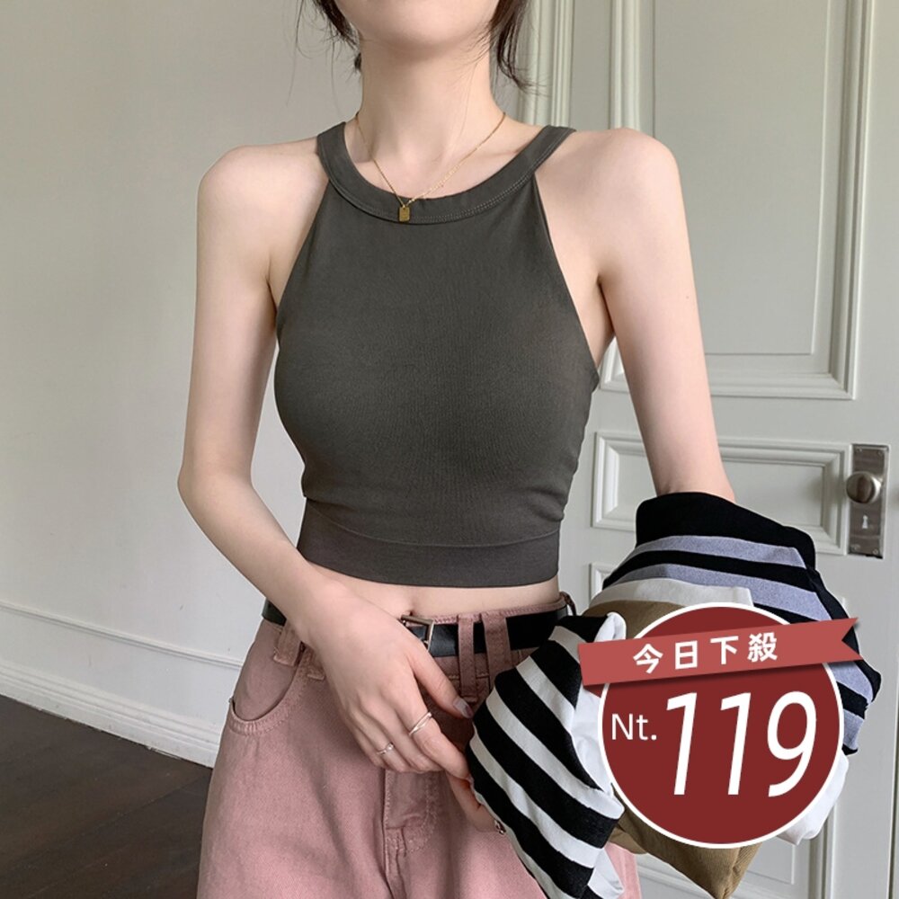 29858044347-【台灣發貨】韓版顯瘦吊帶短版背心 帶胸墊免穿內衣 小可愛 背心 衣服 女裝 上衣【V390】