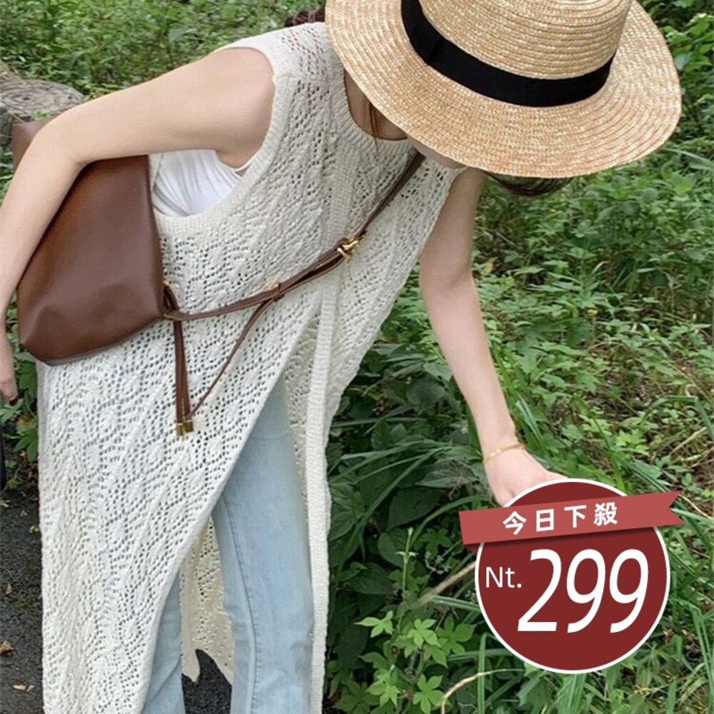29907296838-【台灣發貨】韓版鏤空疊穿針織背心裙 小可愛 背心 衣服 女裝 上衣【V371】