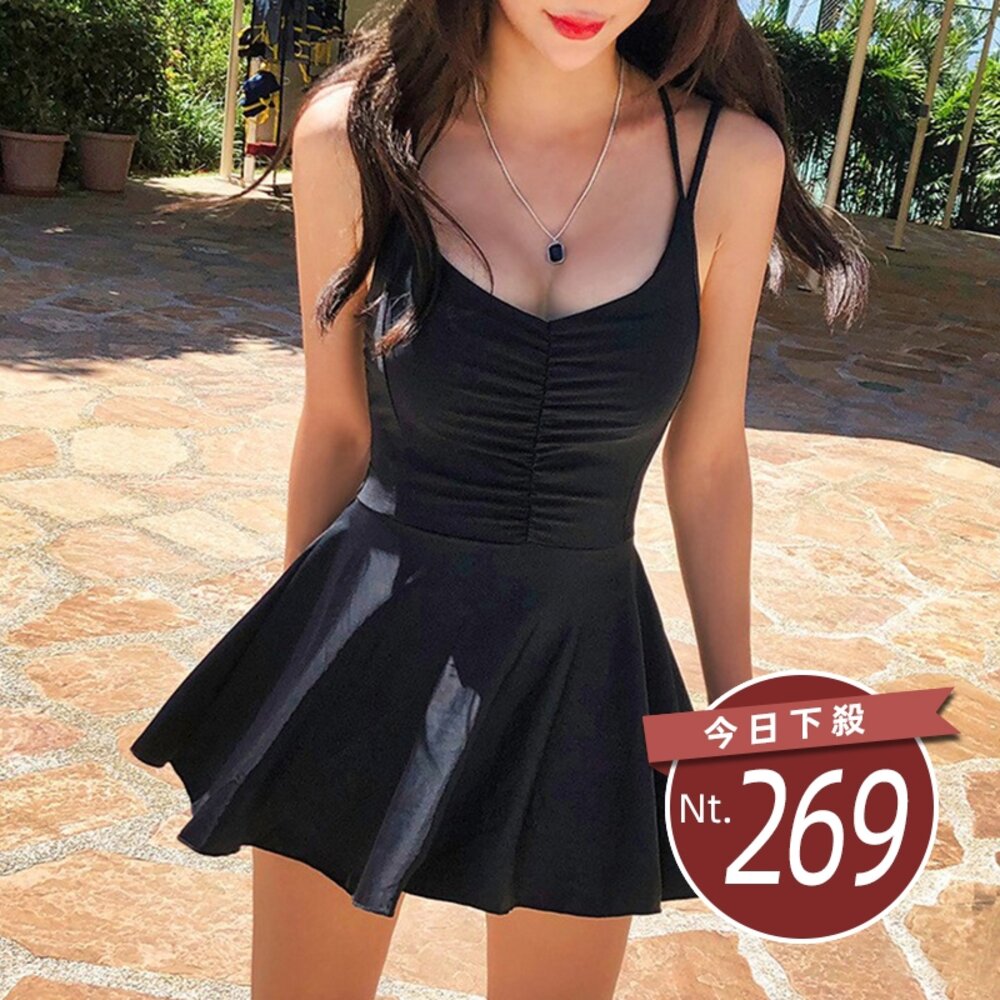 29911967636-【台灣發貨】韓版舒適顯瘦露背連身泳衣 帶胸墊 連身裙 吊帶裙 吊帶褲 女裝【S323】