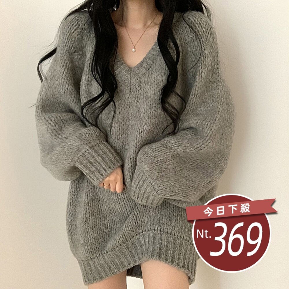 29914127489-【台灣發貨】韓版氣質V領慵懶風長版毛衣 長袖上衣 長袖t恤 衣服 女裝 上衣【W514】
