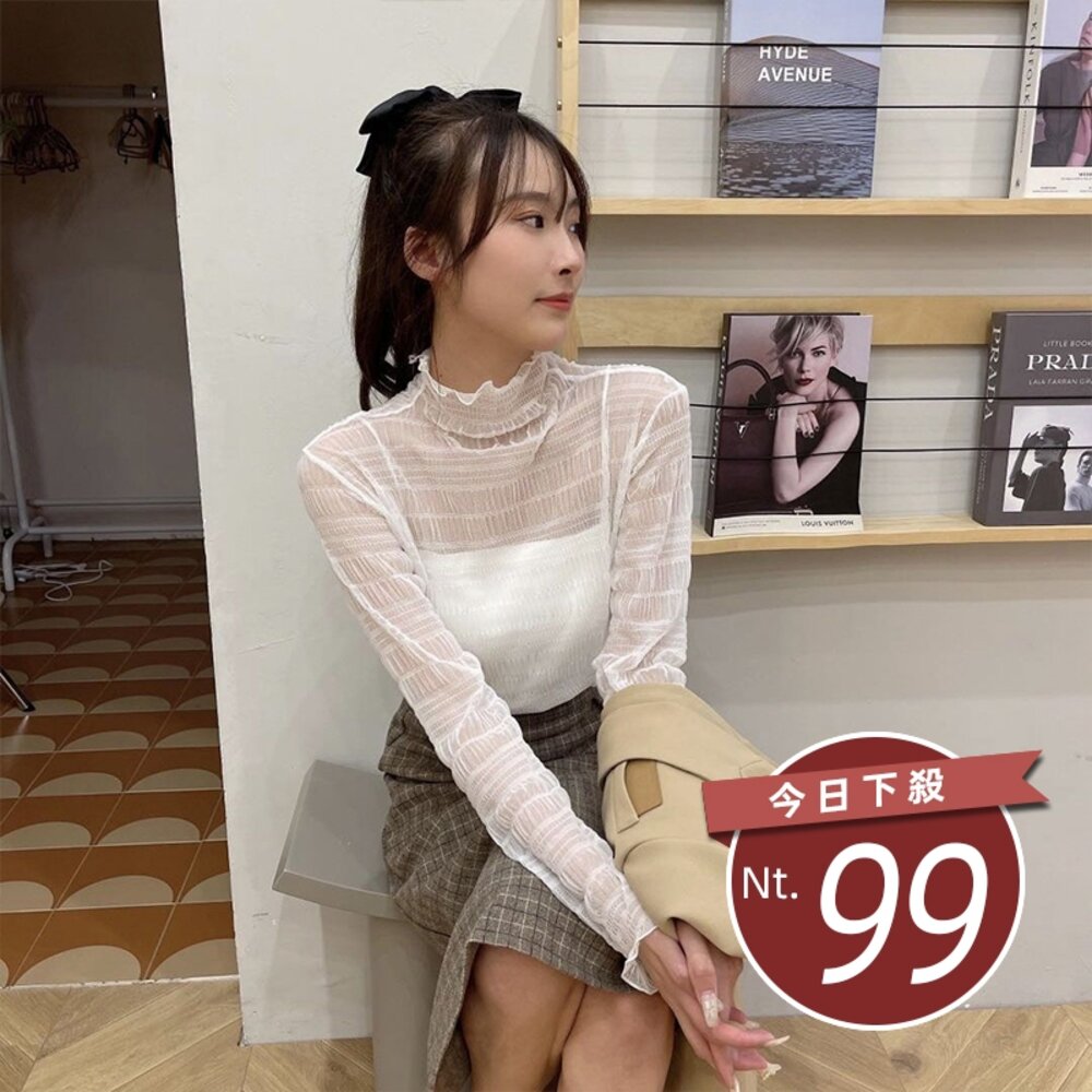 29921373278-【台灣發貨】韓版氣質半高領蕾絲網紗上衣 長袖上衣 長袖t恤 衣服 女裝 上衣【W405】