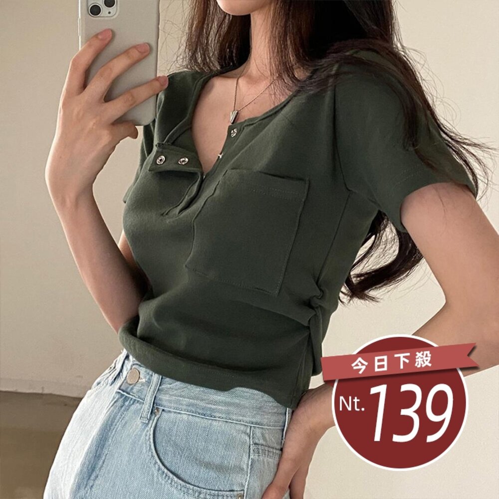 29936016011-【台灣發貨】韓版顯瘦扣子短袖上衣 衣服 女裝 t恤 短袖t恤 上衣【T638】