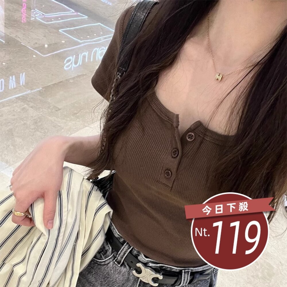 29941287124-【台灣發貨】韓版美式復古鈕扣短袖上衣 衣服 女裝 t恤 短袖t恤 上衣【T668】