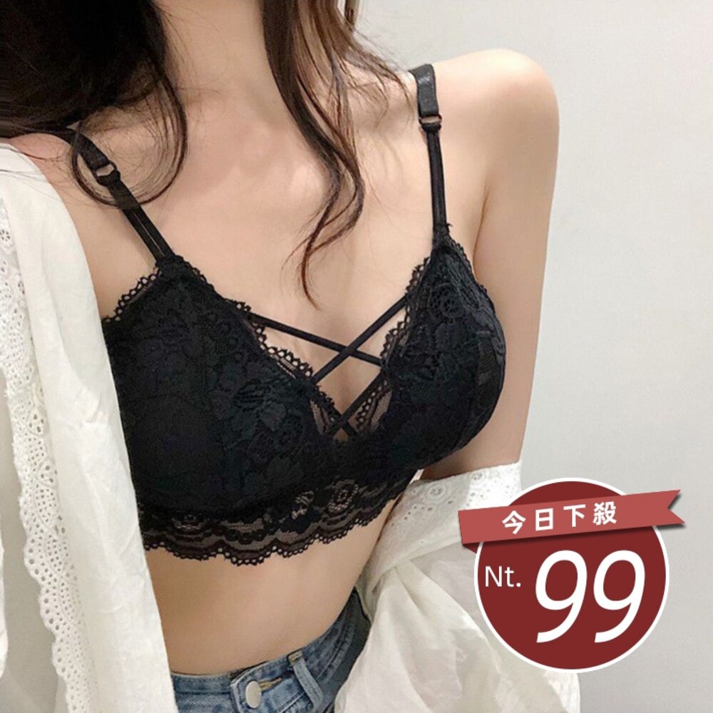 29953824259-【台灣發貨】韓版小心機交叉蕾絲短版背心 帶胸墊免穿內衣 小可愛 背心 衣服 女裝 上衣【V362】