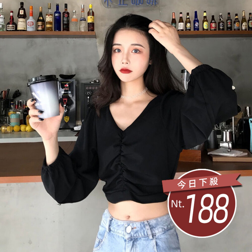 3175575705-【台灣發貨】韓版復古設計感V領短版長袖上衣 長袖上衣 長袖t恤 衣服 女裝 上衣【W172】