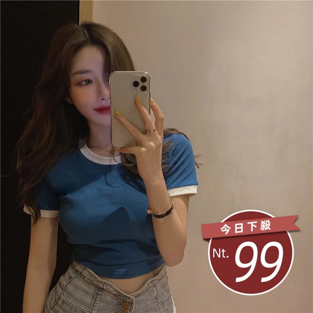 3485290449-【台灣發貨】韓版撞色短版修身顯瘦短袖上衣 衣服 女裝 t恤 短袖t恤 上衣【T306】