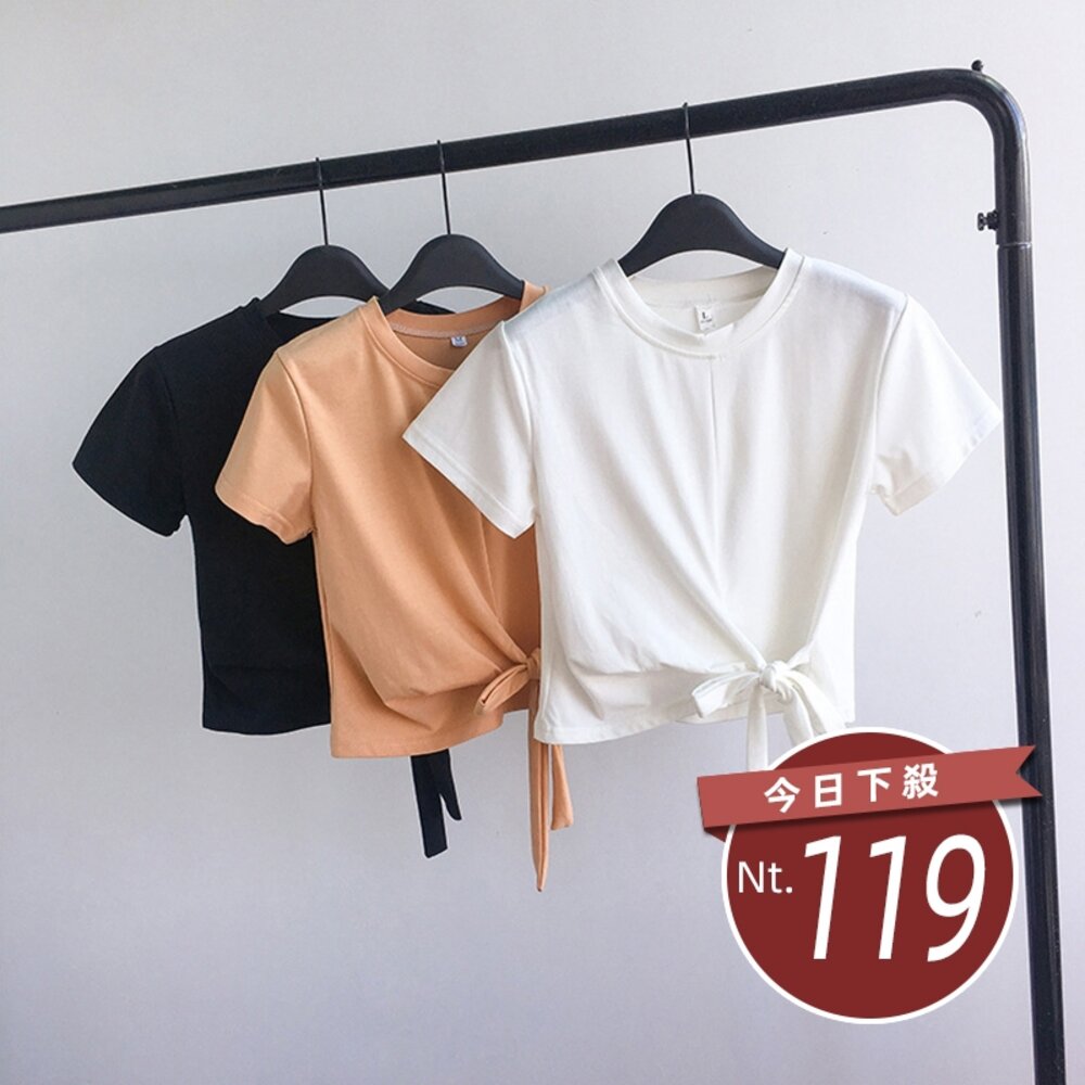 3692818558-【台灣發貨】韓板綁帶修身小心機短版上衣 衣服 女裝 t恤 短袖t恤 上衣【T340】