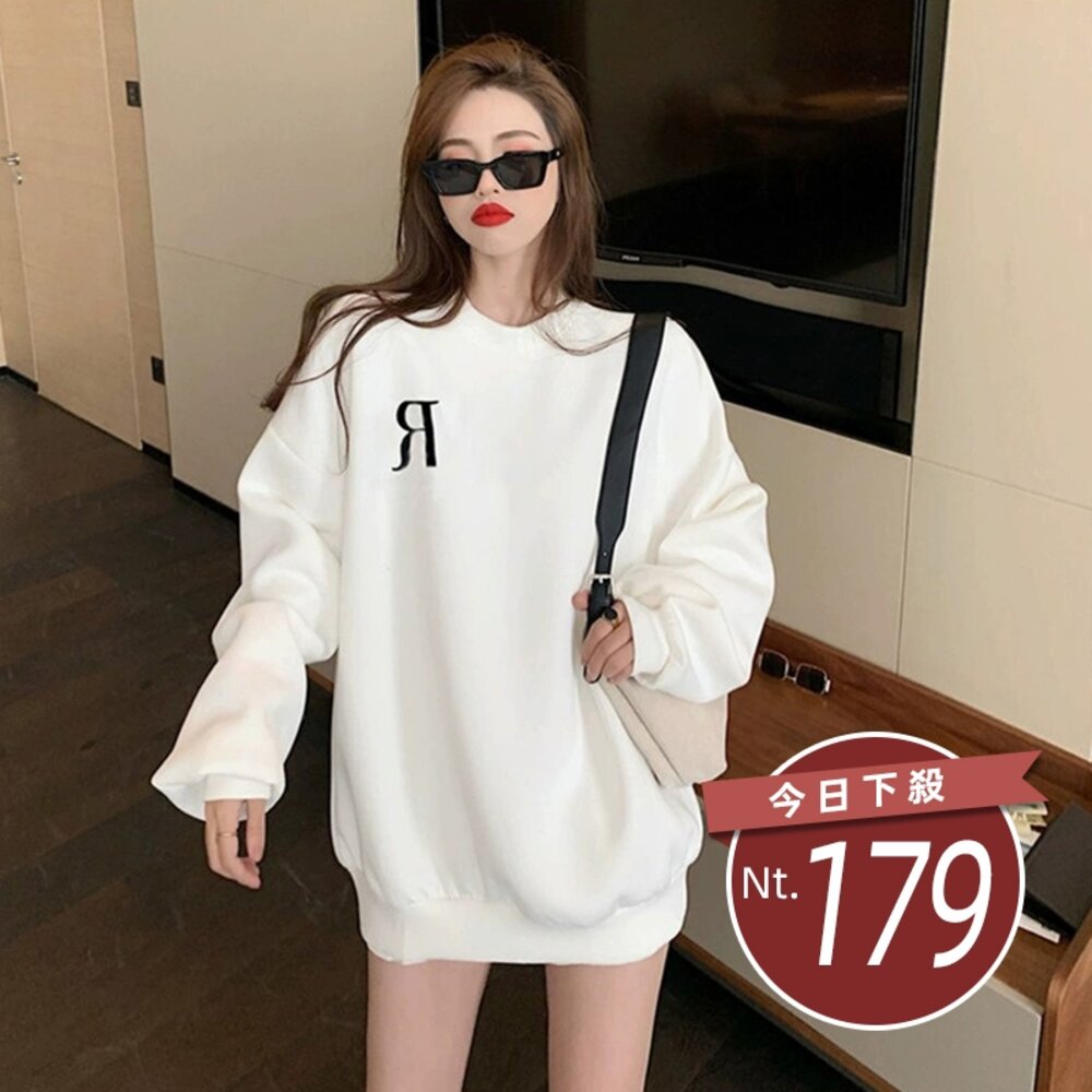 40222910167-【台灣發貨】韓版內刷毛寬鬆字母大學T 長袖上衣 長袖t恤 衣服 女裝 上衣【W618】