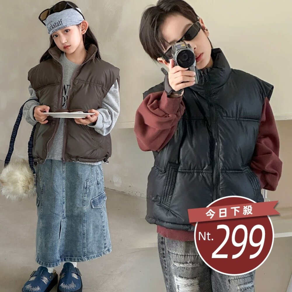 40428110084-【台灣發貨】韓版男女童皮立領羽絨背心外套 女童 男童 兒童 小童 童裝 保暖上衣 衣服 發熱衣 保暖衣【JB02】