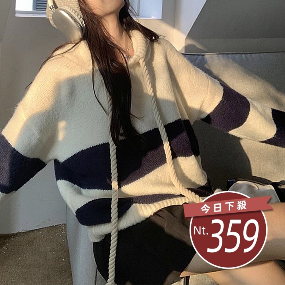 40475199677-【台灣發貨】韓版寬鬆條紋連帽毛衣 長袖上衣 長袖t恤 衣服 女裝 上衣【W645】
