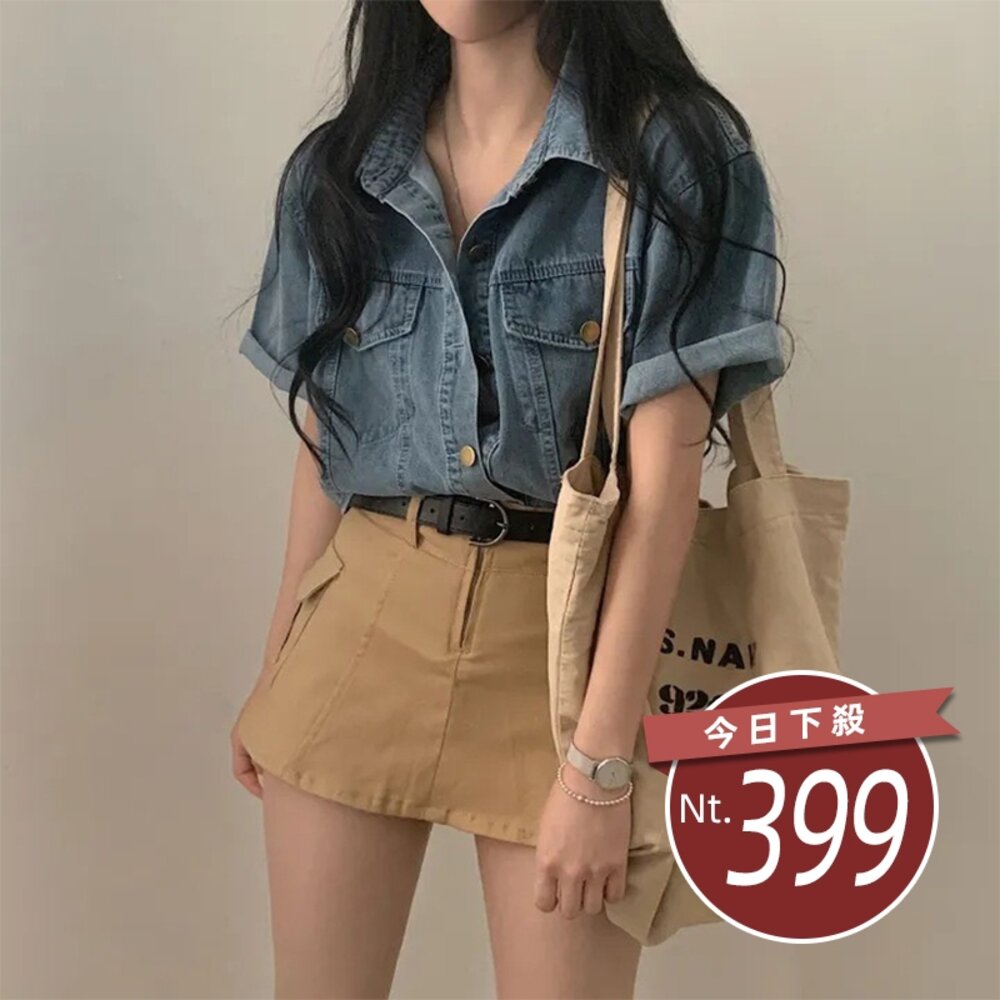 40514929443-【台灣發貨】韓版復古寬鬆休閒百搭短袖牛仔外套 外套 防曬外套 女裝 上衣 衣服【J389】