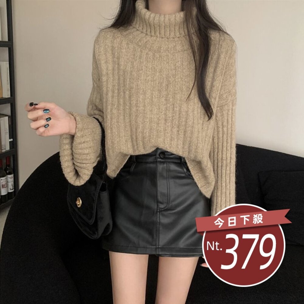 40623777045-【台灣發貨】韓版復古寬鬆高領針織上衣 長袖上衣 長袖t恤 衣服 女裝 上衣【W583】