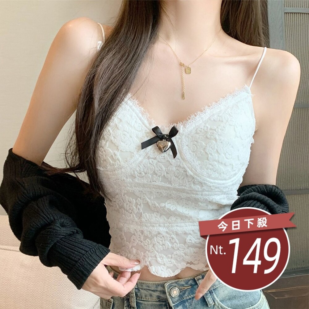 41012313822-【台灣發貨】韓版蕾絲蝴蝶結吊帶短版背心 帶胸墊免穿內衣 小可愛 背心 衣服 女裝 上衣【V429】