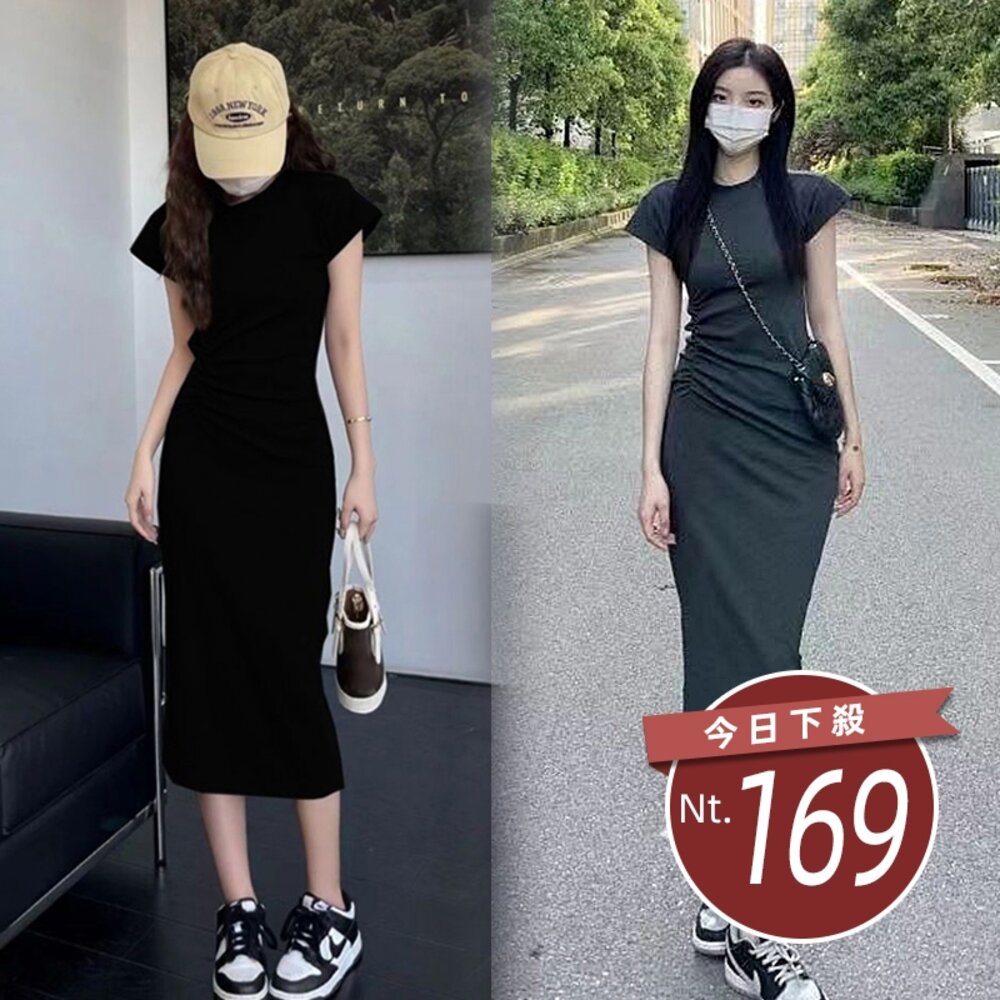 41016804897-【台灣發貨】韓版氣質收腰顯瘦小飛袖洋裝 裙子 褲裙 長裙 女裝【S360】