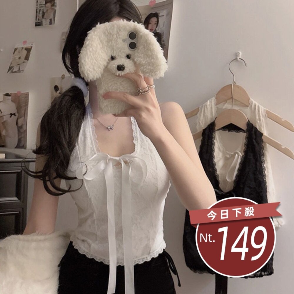 41220456081-【台灣發貨】韓版蝴蝶結V領短版背心 帶胸墊免穿內衣 小可愛 背心 衣服 女裝 上衣【V434】