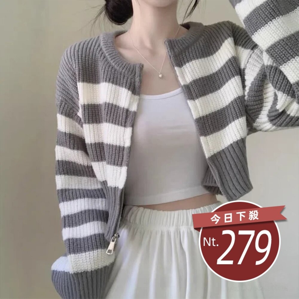 41577584409-【台灣發貨】韓版拼色條紋針織外套 長袖上衣 長袖t恤 衣服 女裝 上衣【J419】