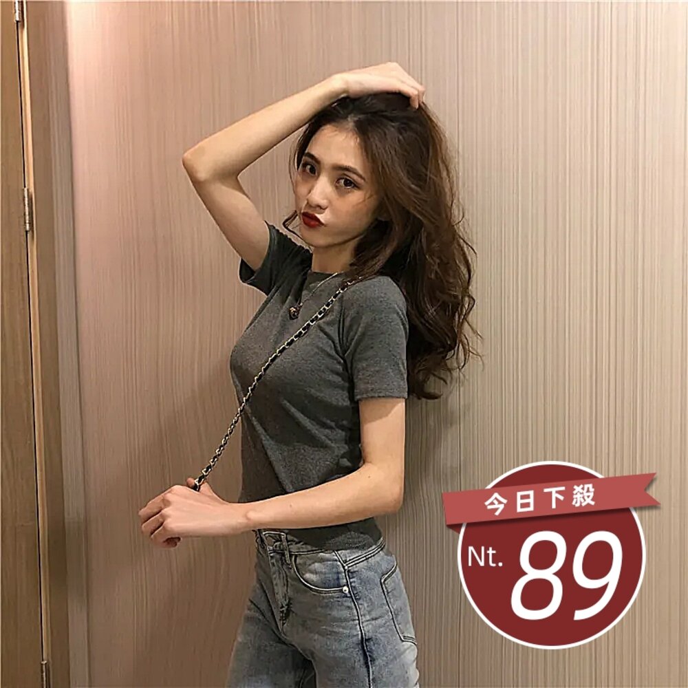 4170257151-【台灣發貨】韓版素色圓領彈性貼身短袖上衣 衣服 女裝 t恤 短袖t恤 上衣【T217】