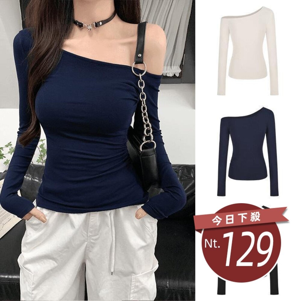 41975062738-【台灣發貨】韓版氣質斜肩彈性長袖上衣 長袖上衣 長袖t恤 衣服 女裝 上衣【W654】