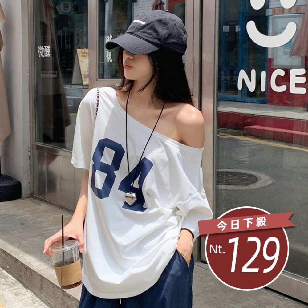 42018100894-【台灣發貨】韓版設計感寬鬆斜肩短袖上衣 衣服 女裝 t恤 短袖t恤 上衣【T676】