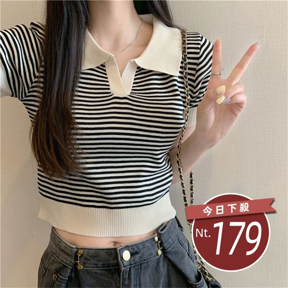 42052244504-【台灣發貨】韓版翻領條紋針織上衣 衣服 女裝 t恤 短袖t恤 上衣【T650】