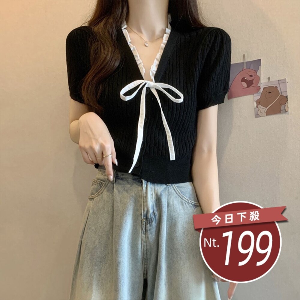 42102138536-【台灣發貨】韓版氣質花邊綁帶針織上衣 衣服 女裝 t恤 短袖t恤 上衣【T649】