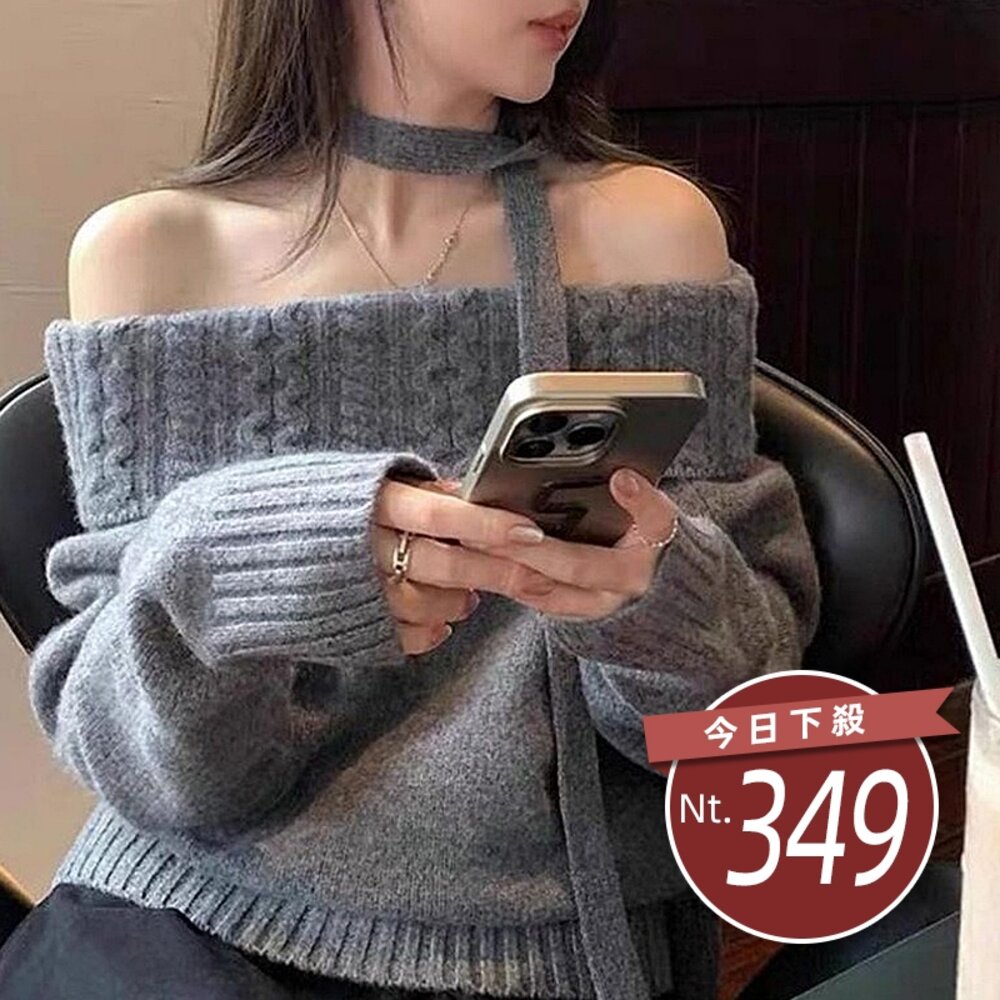 42272897579-【台灣發貨】韓版氣質一字領針織上衣 長袖上衣 長袖t恤 衣服 女裝 上衣【W620】