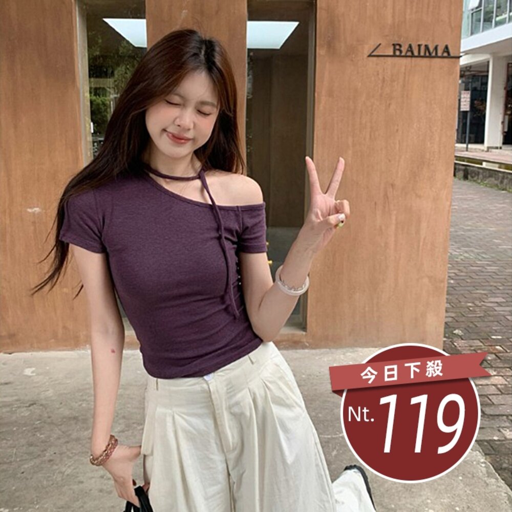 42307567089-【台灣發貨】韓版斜肩氣質飄帶露肩上衣 衣服 女裝 t恤 短袖t恤 上衣【T664】