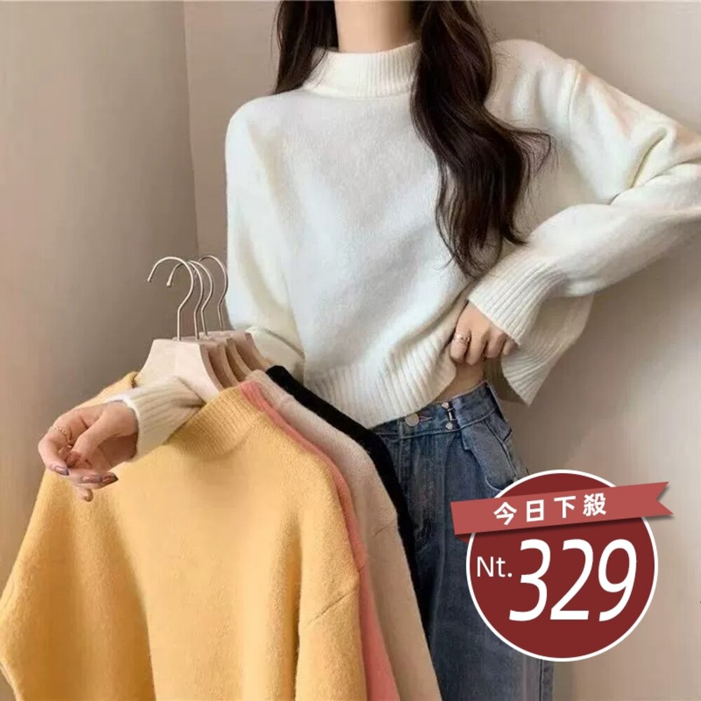 42323814800-【台灣發貨】韓版半高領短版毛衣 長袖上衣 長袖t恤 衣服 女裝 上衣【W609】