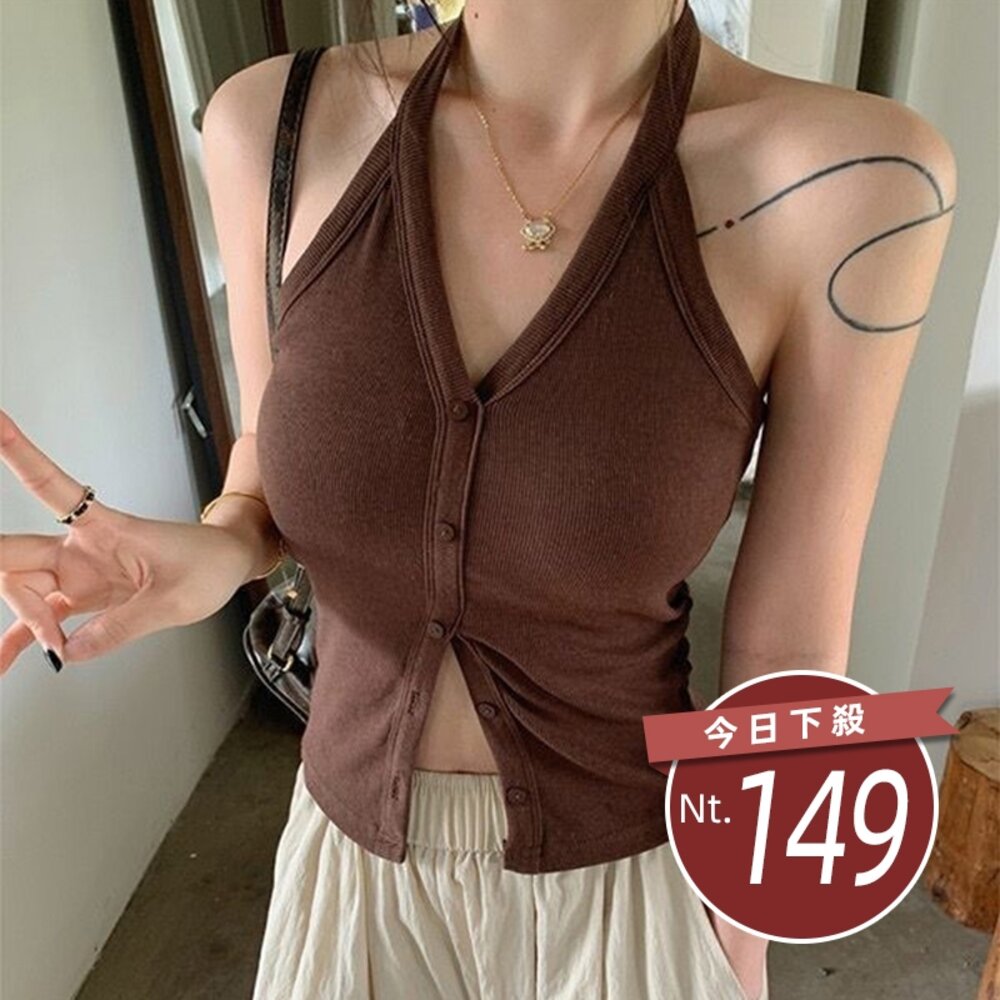 42372796199-【台灣發貨】韓版設計感別緻背心 帶胸墊免穿內衣 小可愛 背心 衣服 女裝 上衣【V440】