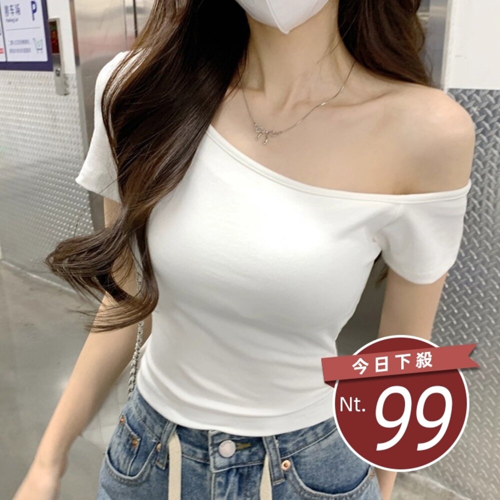 42468107188-【台灣發貨】韓版氣質斜肩短版上衣 衣服 女裝 t恤 短袖t恤 上衣【T616】