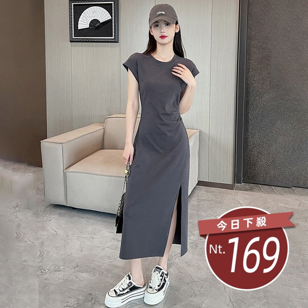 42562318163-【台灣發貨】韓版顯瘦開叉長版短袖洋裝  連身裙 吊帶裙 吊帶褲 女裝【T609】