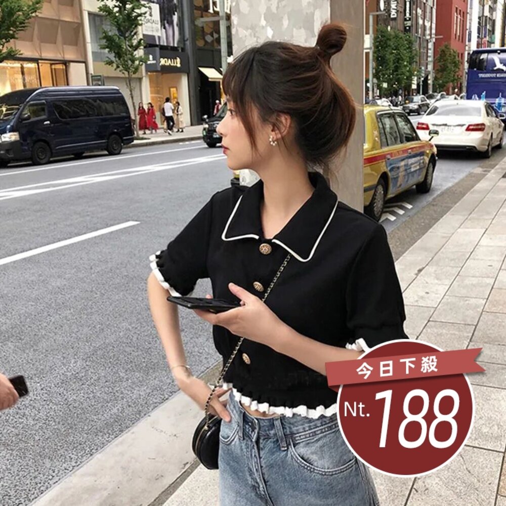 4270043092-【台灣發貨】韓版法式短版襯衫領短袖針織上衣 衣服 女裝 t恤 短袖t恤 上衣【T251】