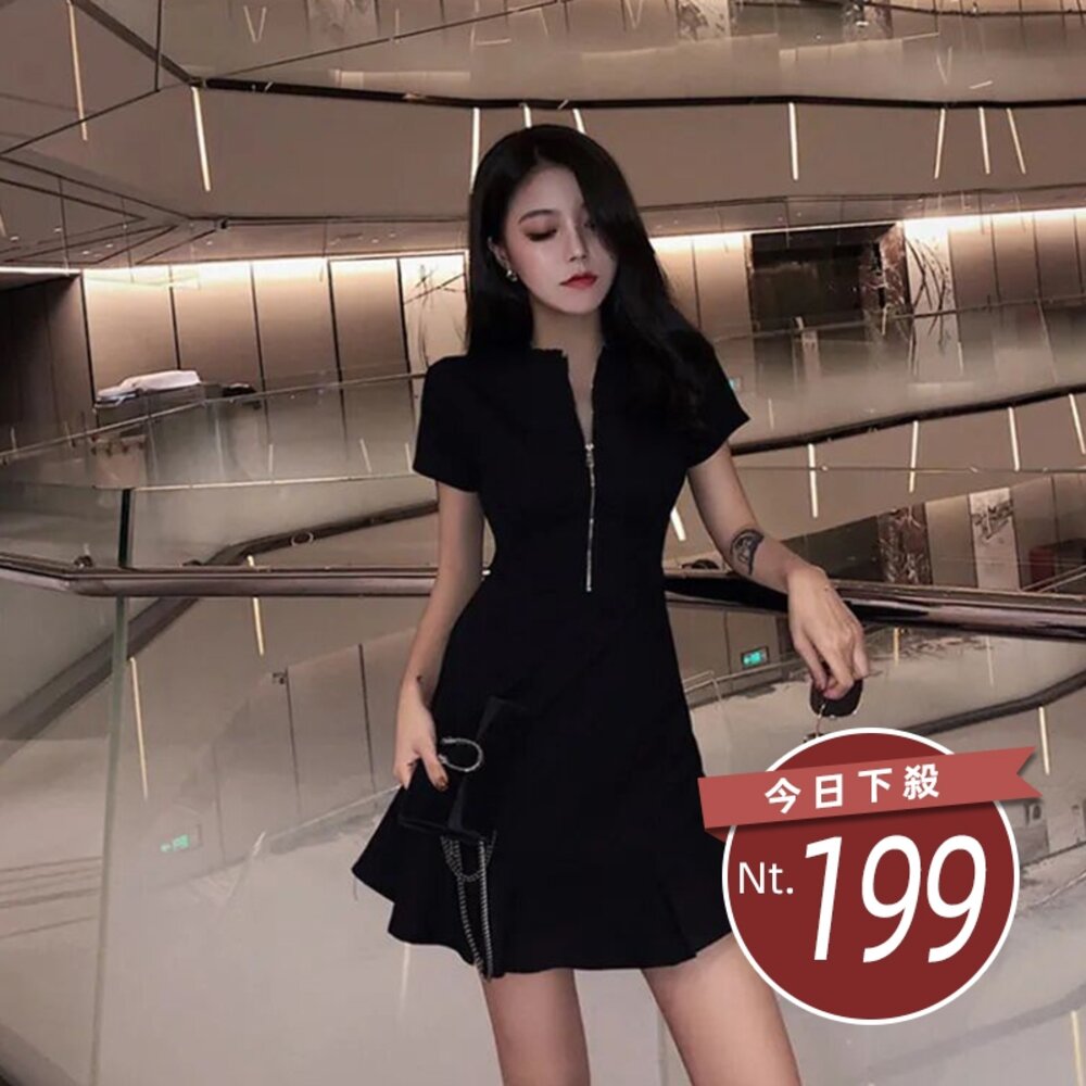 4271680260-【台灣發貨】韓版新款極簡主義心機拉鍊黑色洋裝 裙子 褲裙 長裙 女裝【T214】