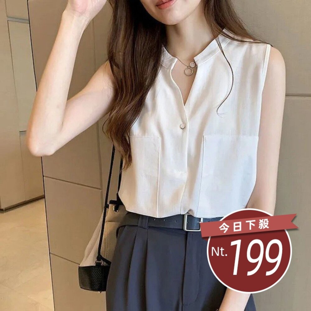 42760722271-【台灣發貨】韓版氣質無袖襯衫 小可愛 背心 衣服 女裝 上衣【V426】