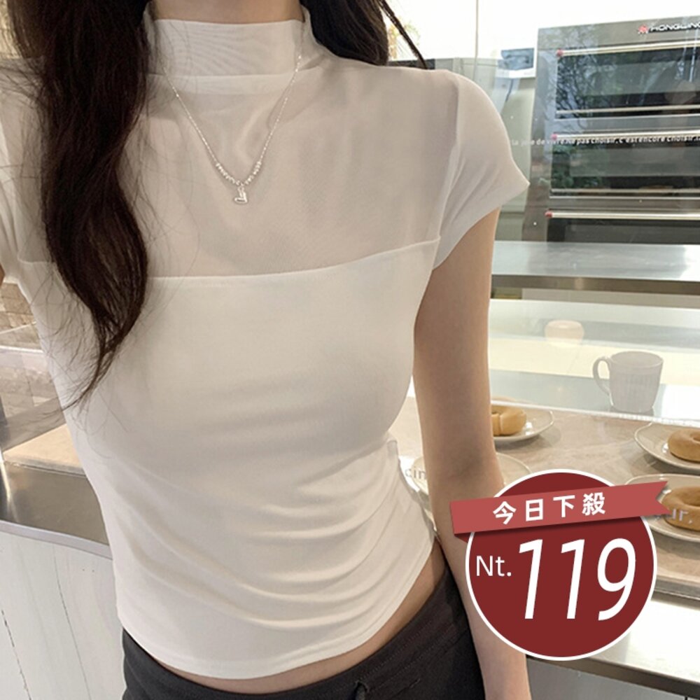 42804011990-【台灣發貨】韓版黑色網紗微透短袖上衣 衣服 女裝 t恤 短袖t恤 上衣【T655】