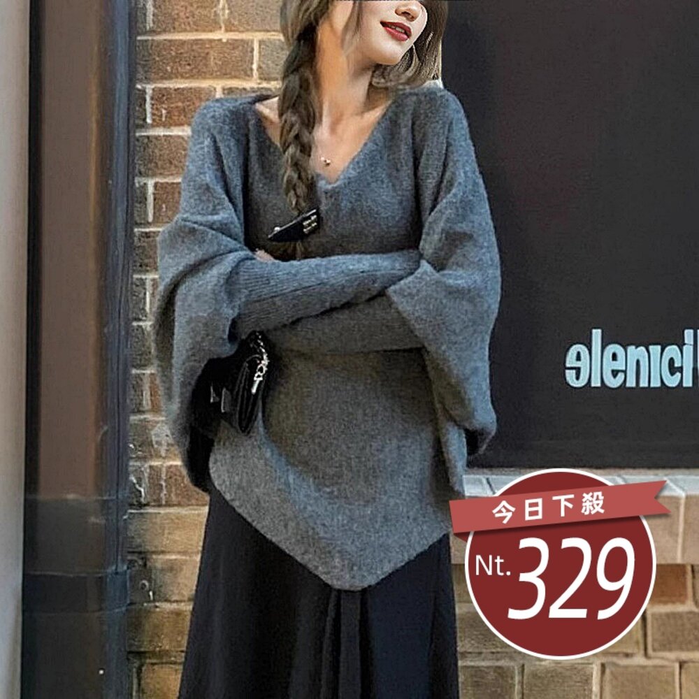 42824948457-【台灣發貨】韓版氣質不規則蝙蝠袖針織上衣 長袖上衣 長袖t恤 衣服 女裝 上衣【W638】