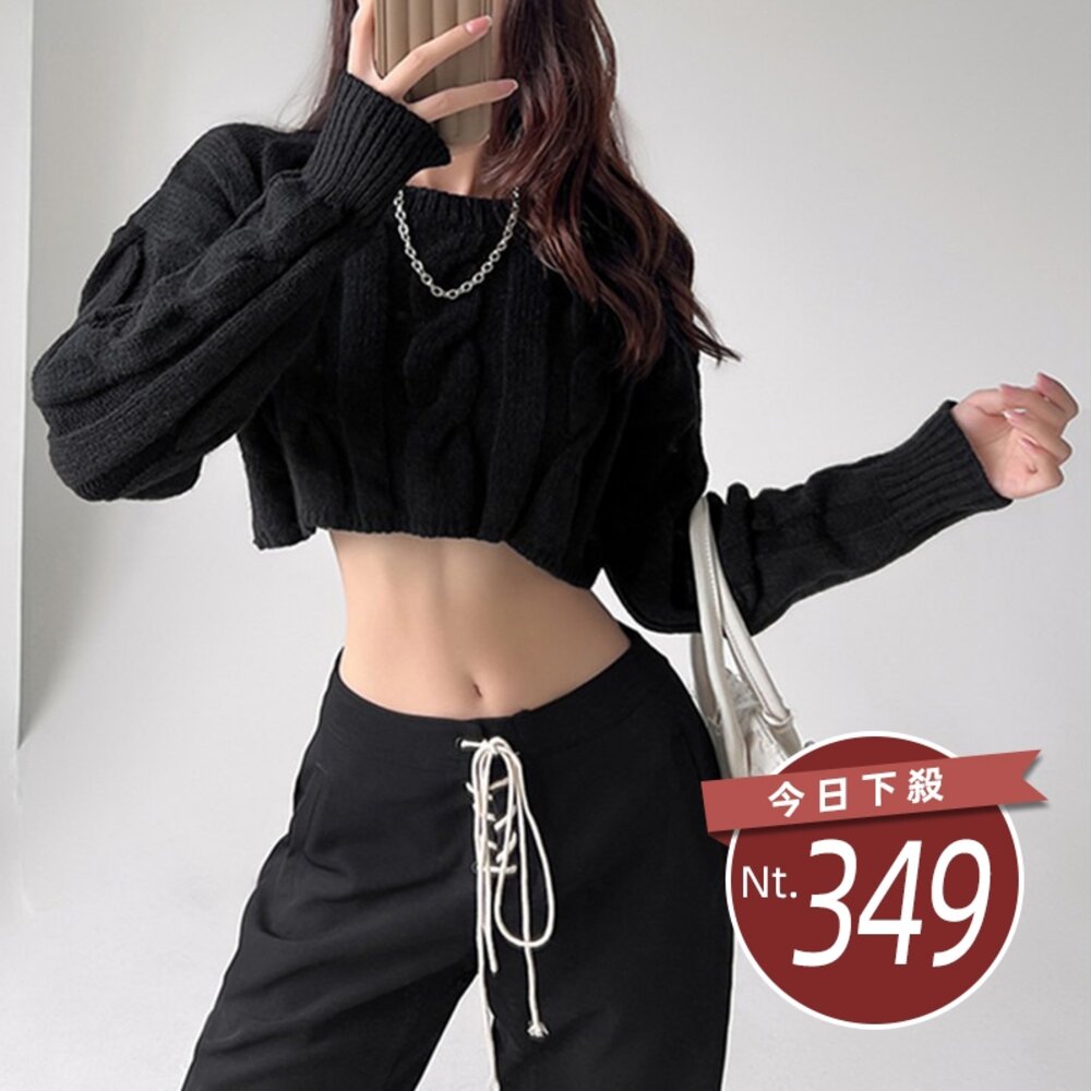 43127395612-【台灣發貨】韓版顯瘦短版針織上衣 長袖上衣 長袖T恤 衣服 女裝 上衣【W663】