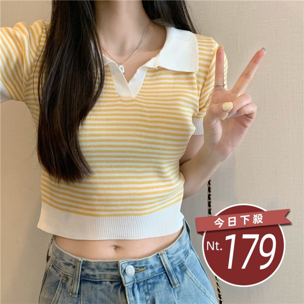 43252249510-【台灣發貨】韓版條紋顯瘦短版上衣 衣服 女裝 t恤 短袖t恤 上衣【T650】