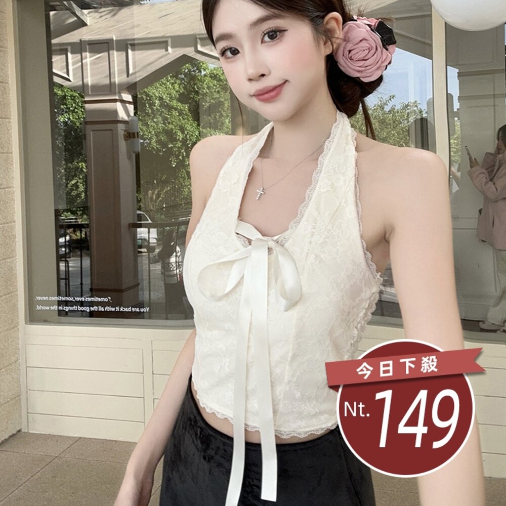 43518105474-【台灣發貨】韓版蝴蝶結蕾絲邊背心 帶胸墊免穿內衣 小可愛 背心 衣服 女裝 上衣【V434】