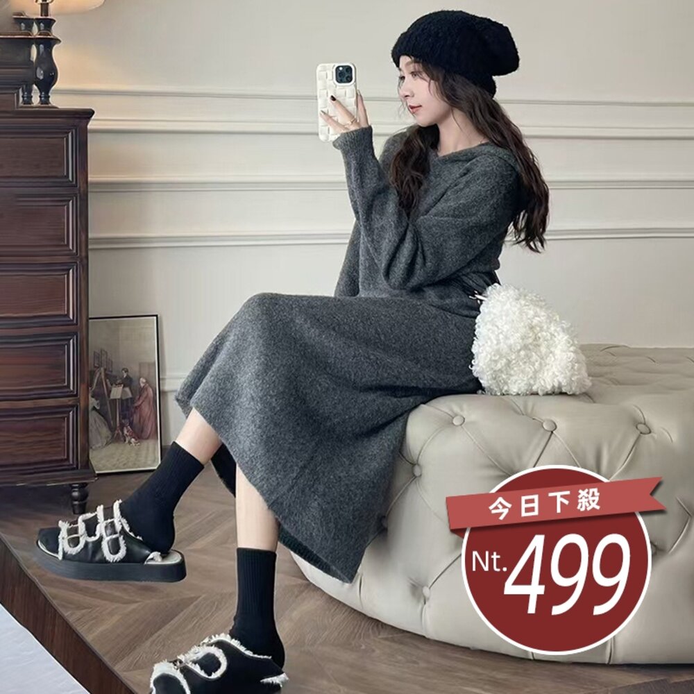 43525006158-【台灣發貨】韓版寬鬆顯瘦連帽針織上衣 連身裙 吊帶裙 吊帶褲 女裝【S345】