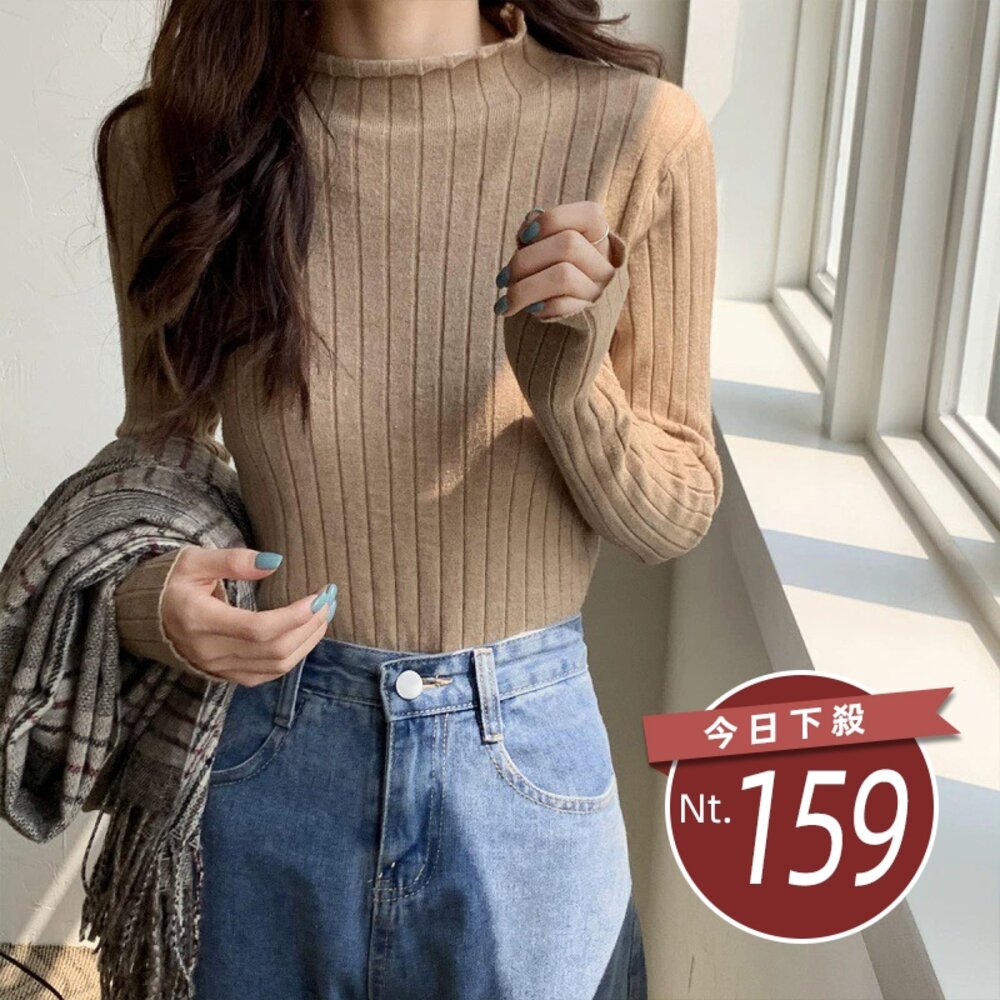 43575003052-【台灣發貨】韓版半高領針織上衣 長袖上衣 長袖t恤 衣服 女裝 上衣【W196】