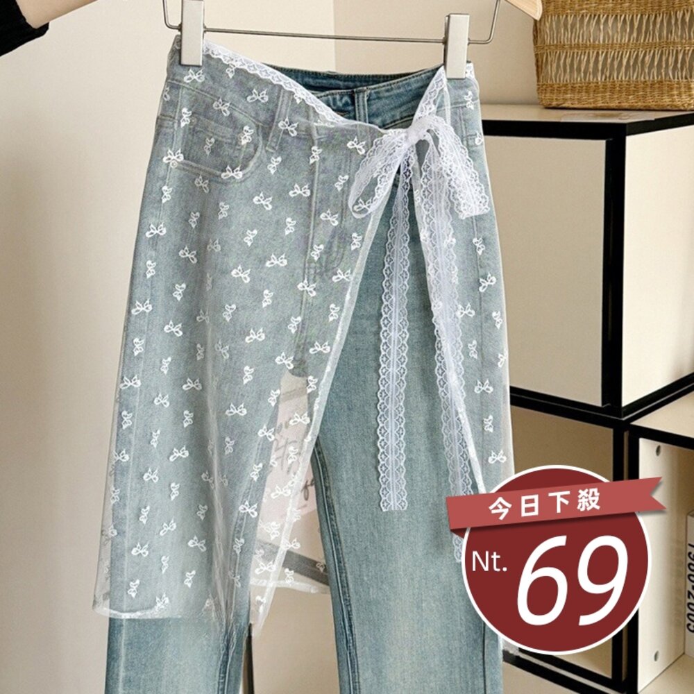 43672670804-【台灣發貨】韓版小眾綁帶網紗碎花蕾絲裙【N228】