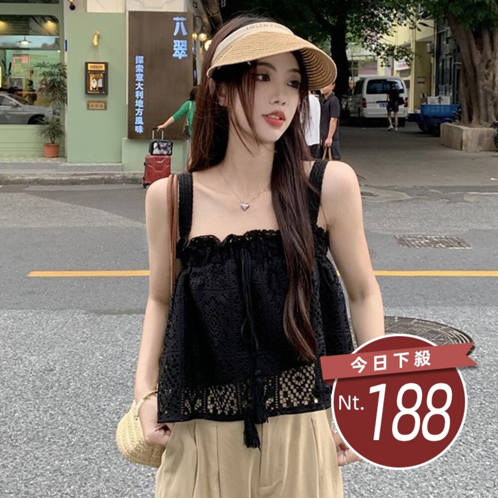 43707478549-【台灣發貨】韓版顯瘦鏤空鉤花蕾絲小吊帶背心 小可愛 背心 衣服 女裝 上衣【V424】