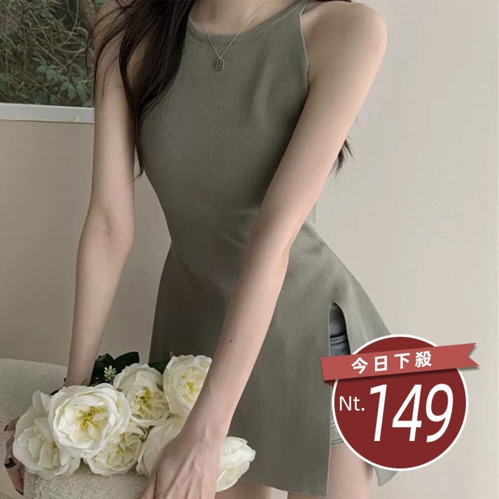 43770344155-【台灣發貨】韓版氣質開叉長版針織背心 小可愛 背心 衣服 女裝 上衣【V436】