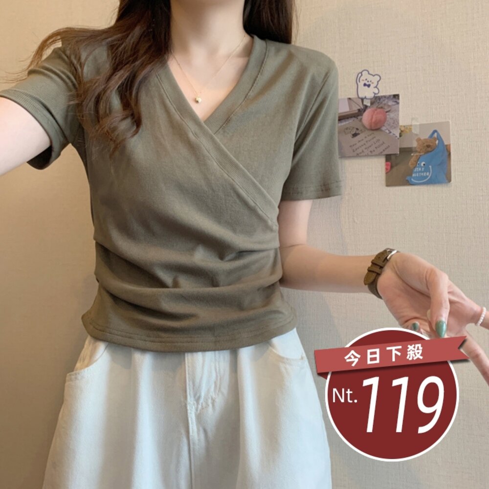 43802268073-【台灣發貨】韓版交叉V領顯瘦短袖上衣 衣服 女裝 t恤 短袖t恤 上衣【T522】