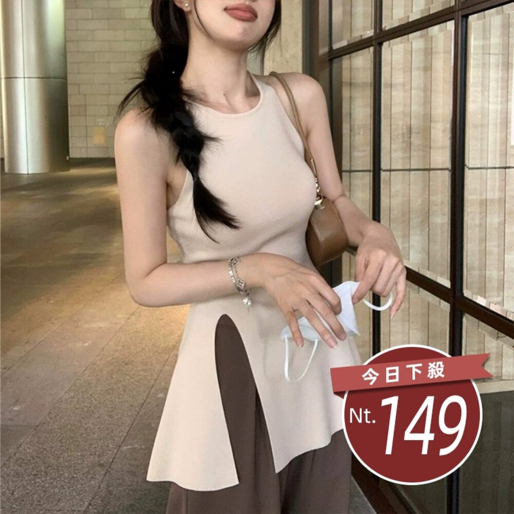 43870453536-【台灣發貨】韓版設計感小眾甜美開叉針織背心 小可愛 背心 衣服 女裝 上衣【V436】