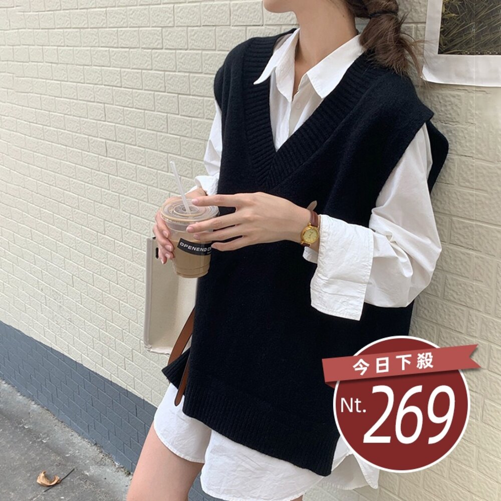43873785148-【台灣發貨】韓版簡約V領毛衣背心 長袖上衣 長袖t恤 衣服 女裝 上衣【W547】