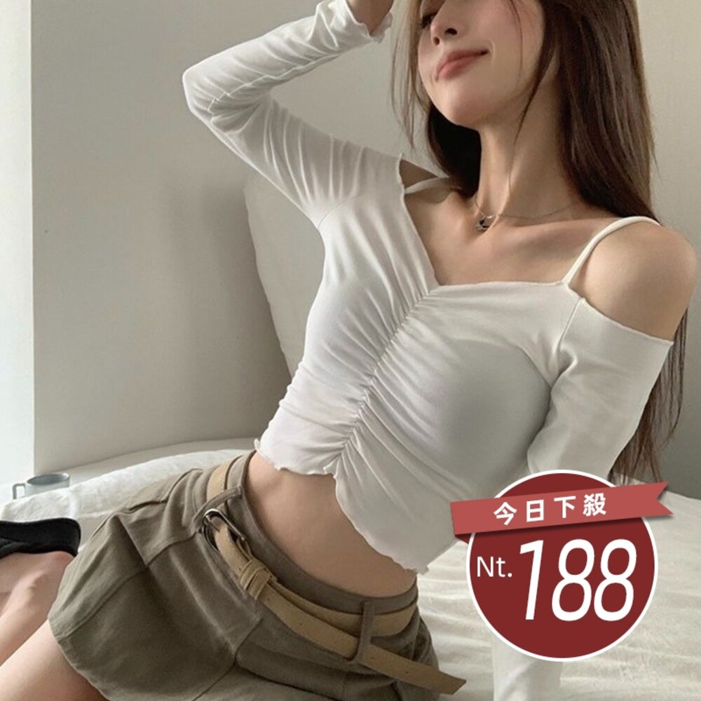 44022894144-【台灣發貨】韓版設計感一字領短版上衣 長袖上衣 長袖t恤 衣服 女裝 上衣【W613】